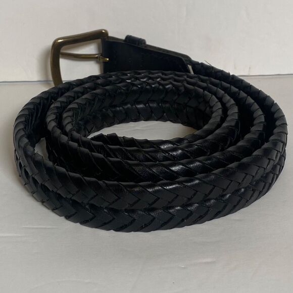L.L. Bean Black Braided Leather Belt Size 44 Brass Buckle Made in USA - Picture 2 of 9